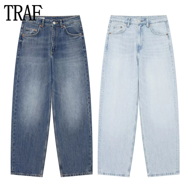 

TRAF 2024 Tailored Jeans for Women Blue Mid Rise Baggy Jeans Woman Balloon Denim Pants Women Streetwear Casual Women's Jeans