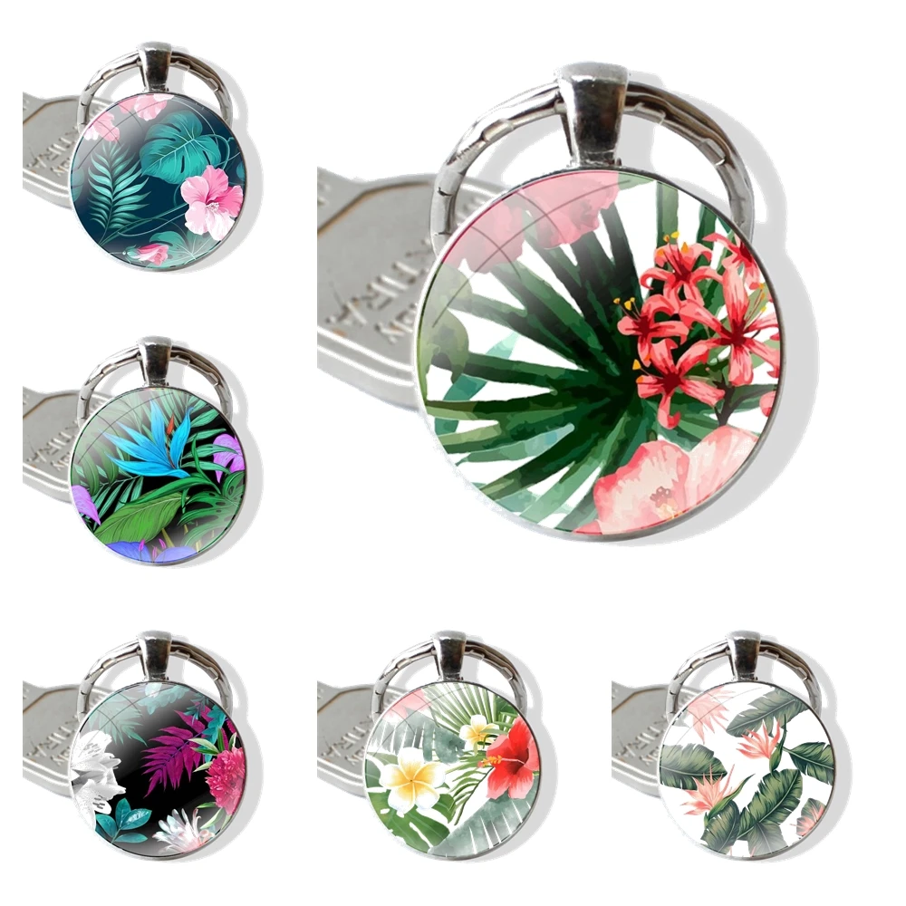 25mm Glass Cabohcon Keychain Key Rings for Women Men Jewelry Gift Tropical Flowers