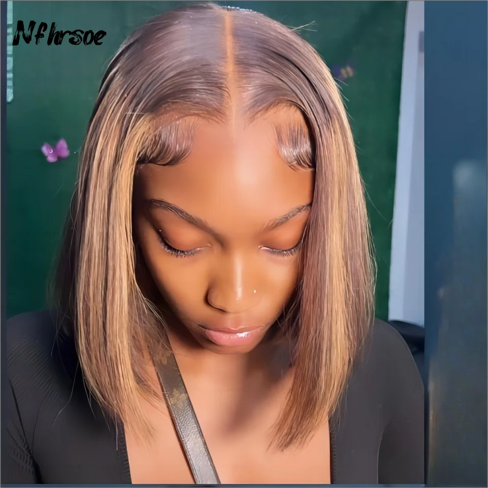 

Highlight Bob Wigs Human Hair Lace Front Bob Wigs Human Hair Pre Plucked Brown Ombre For Women Straight Bob Wigs