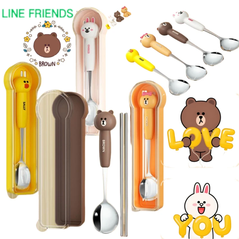 

LINE FRIENDS Набор посуды в стиле аниме Brown Cony Sally — бытовая ложка и палочки для еды из нержавеющей стали с удобным футляром