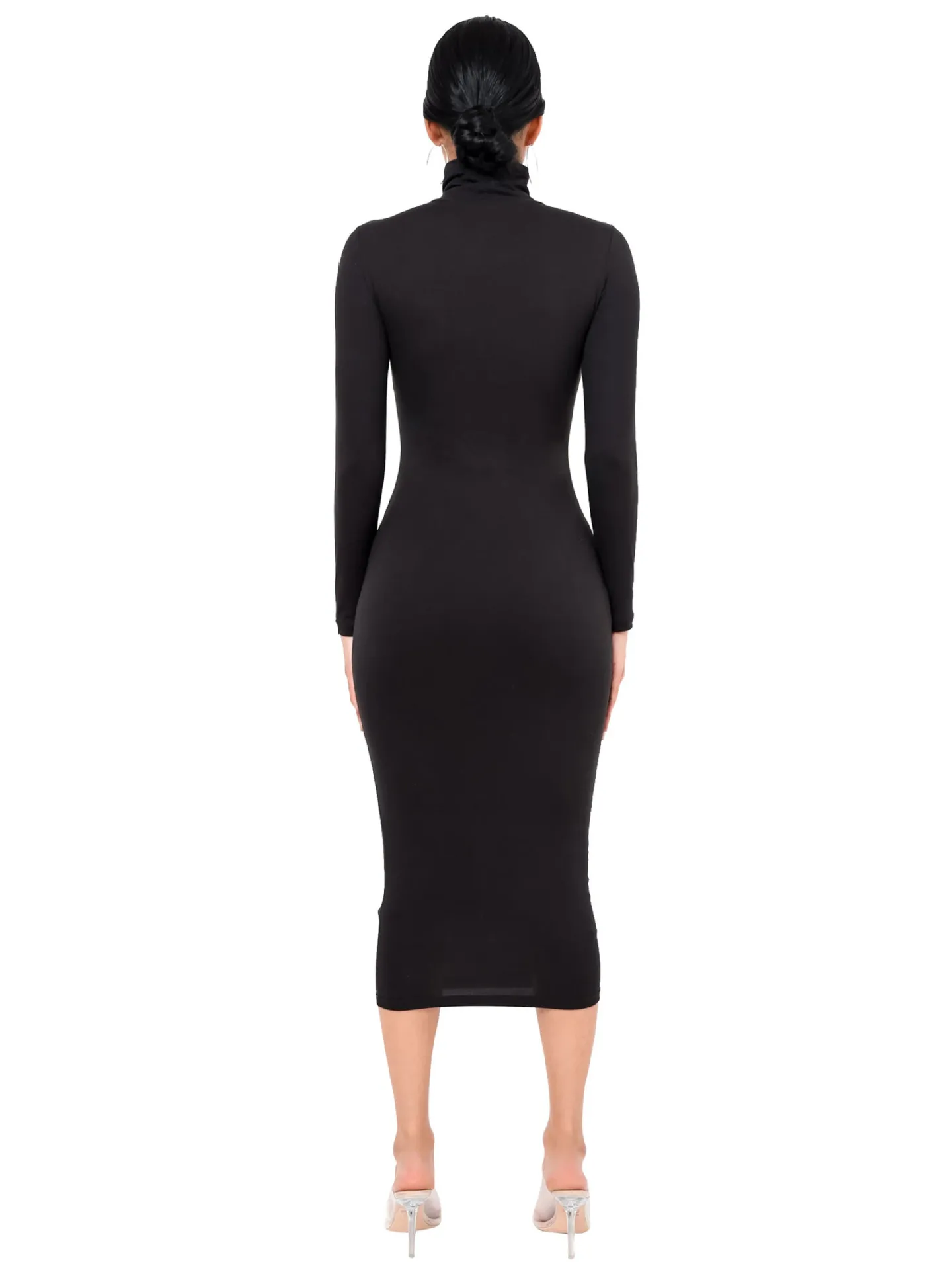 M3029 women's autumn and winter new black dress sexy temperament high collar grasp hair thick slim pack hips
