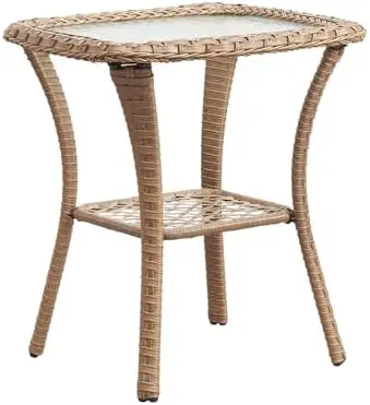 Patio Tables Wicker Side Table - Rattan Coffee Tables with Glass Top End Table for Outdoor Outside Patio Porch Square