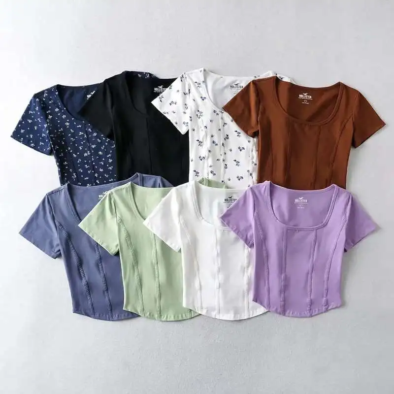 

Summer Fibone Waist ort Tirt Top Women's Square Collar Floral Print Cotton Casual Comfortable Fit T-irt