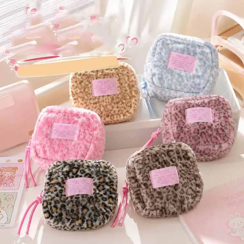 Fashion Retro Plush Square Leopard Print Makeup Bag Cute Winter Girl Portable Sanitary Cotton Bag Storage Wallet Women's Gift