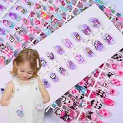 24Pcs Girls Cartoon Style Full Cover Press On False Gel Short Square Kuromi Hello Kitty Kids False Nail 6~12 years Fake NailsTip