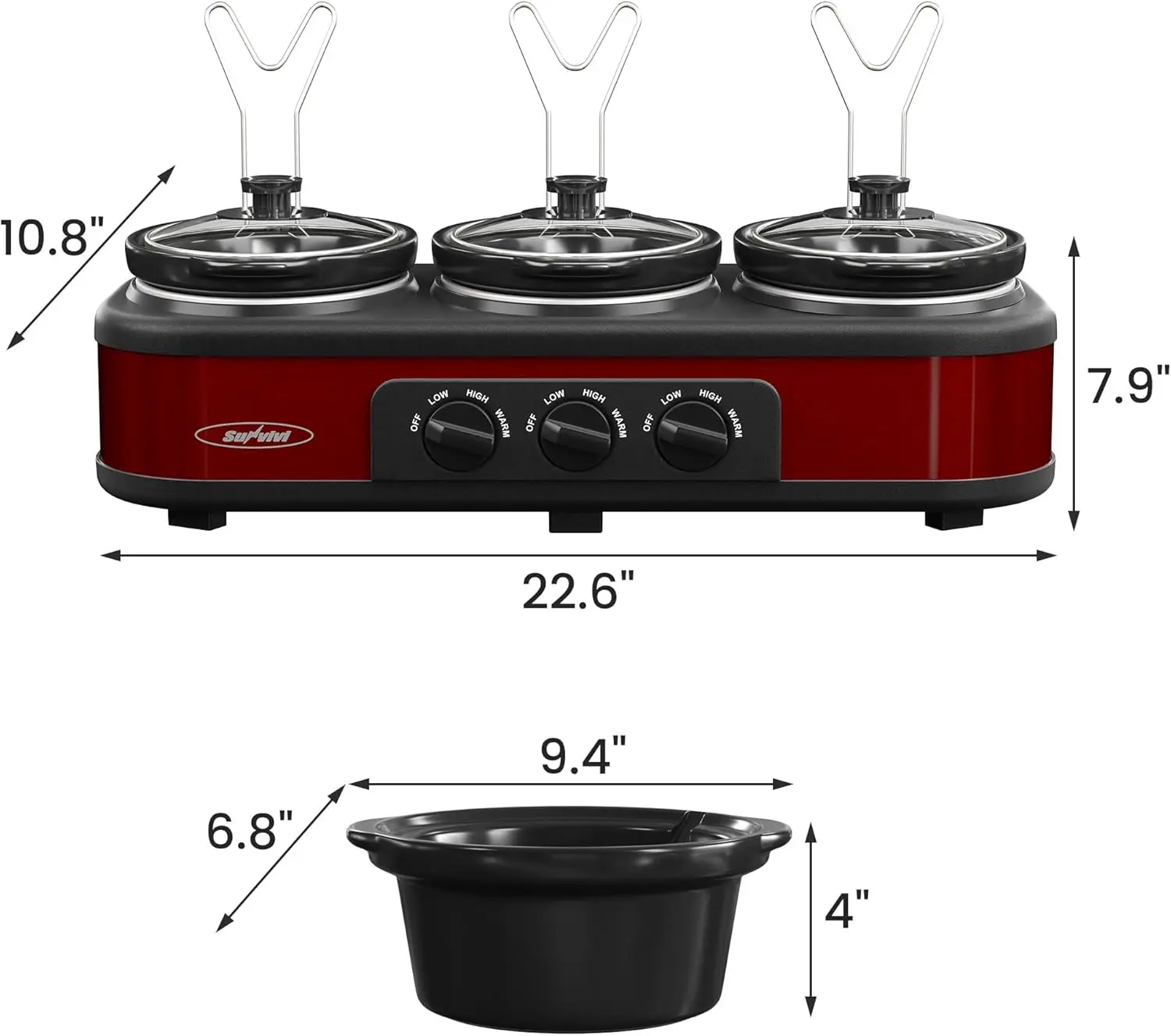 트리플 슬로우 쿠커 뷔페 서버 및 워머, 3 냄비 음식, 소형 미니 수동 슬로우 쿠커, 온도 조절 가능 스테인리스 스틸 뚜껑 R