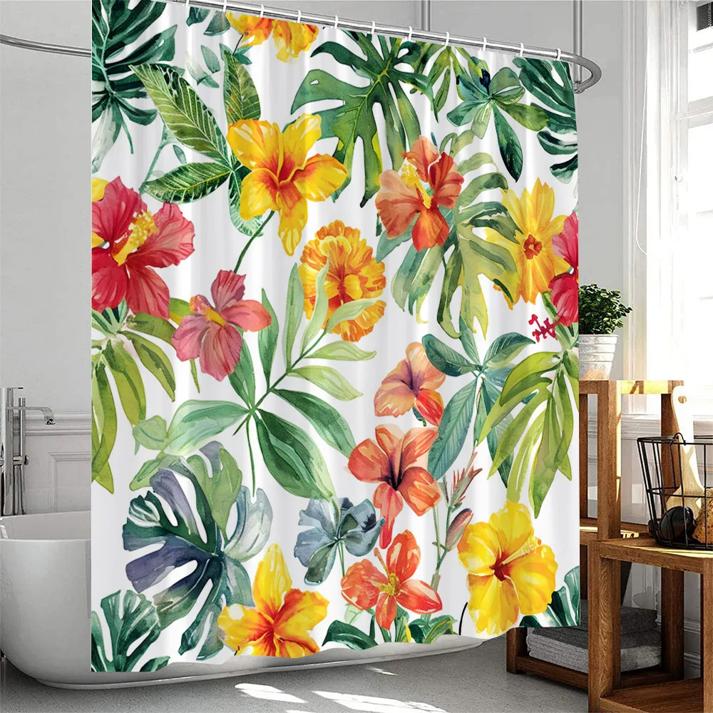 Green Plants Shower Curtain Tropical Leaves Cactus Succulent Flower Botanical Bathroom Decor Polyester Bathtub Curtain with Hook