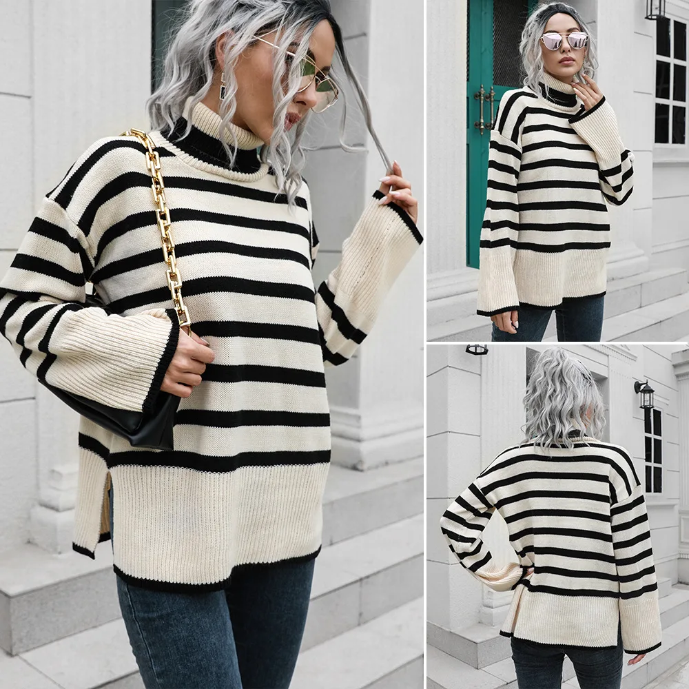 

Explosions striped side split high neck long sweater women's loose autumn and winter coat European and American sweaters new
