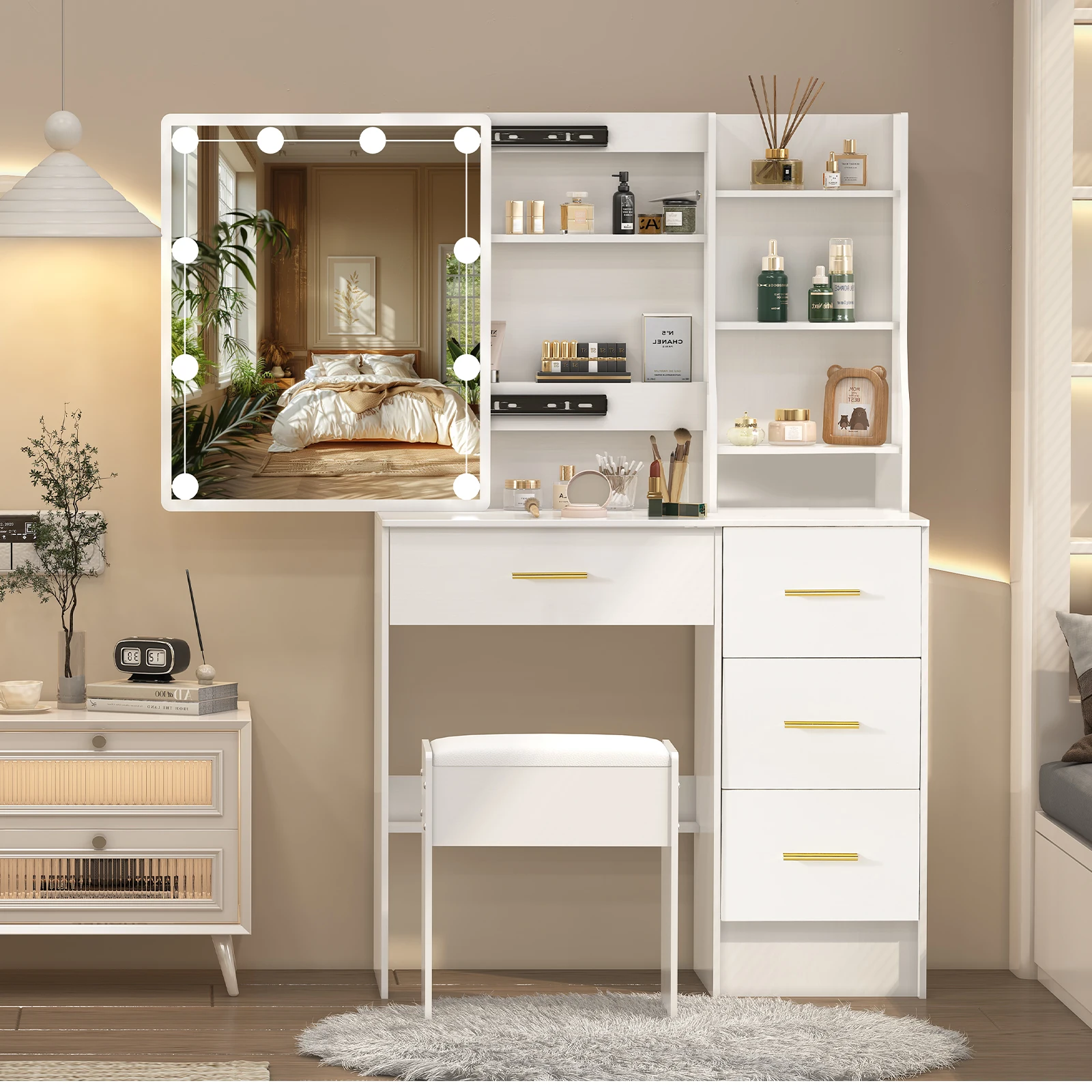 【صفقات 11.11، عروض الجمعة السوداء 2025】مقعد طاولة مع مرآة و10 لمبات إضاءة LED ومكتب مكياج