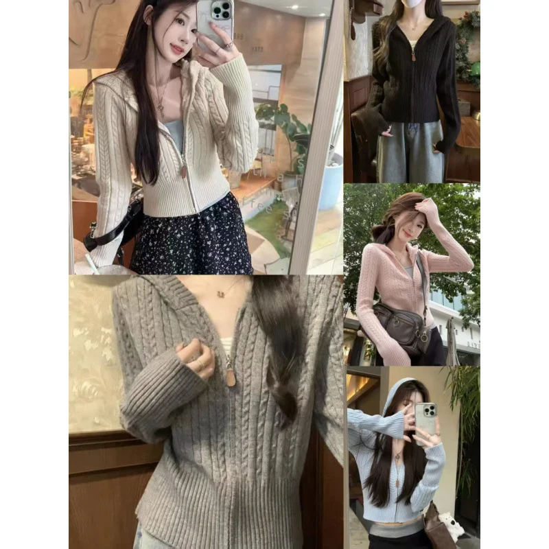 

Zipper Cardigan Sweater for Women Autumn and Winter 2025 New Design Niche Drawstring Hooded Knitted Top