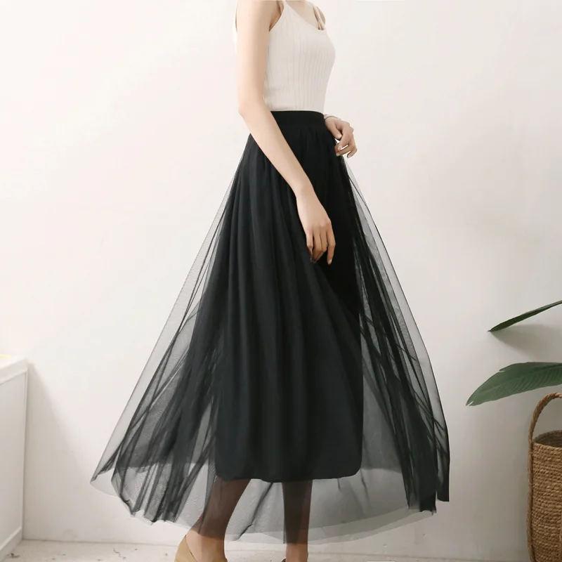 

Vintage Tulle Skirt Women Streetwear Elastic High Waist Mesh Pleated Skirts Summer Elegant Korean A Line Office Ladies Skirt New