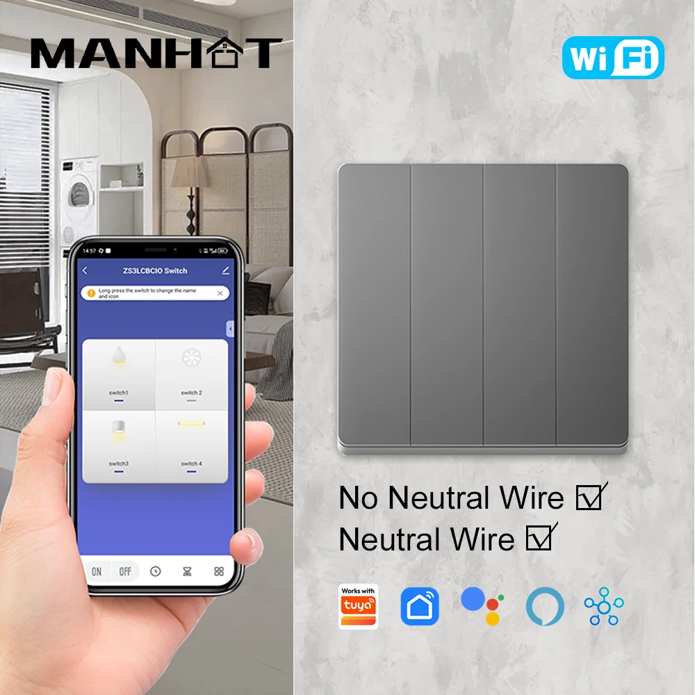

MANHOT WiFi Smart Light Switch 1/2/3/4 Gang with Neutral/No Neutral Wall Push Button Work with Tuya Alexa Google Home Smart Life
