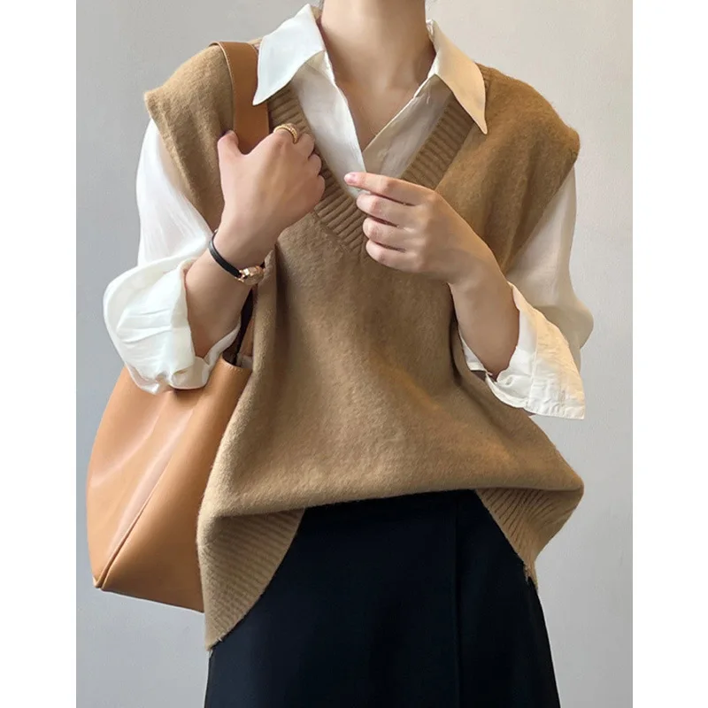 Women V Neck Knit Sweater Vest Sleeveless Loose Oversized Pullover Gilet Casual Autumn Layering Waistcoat