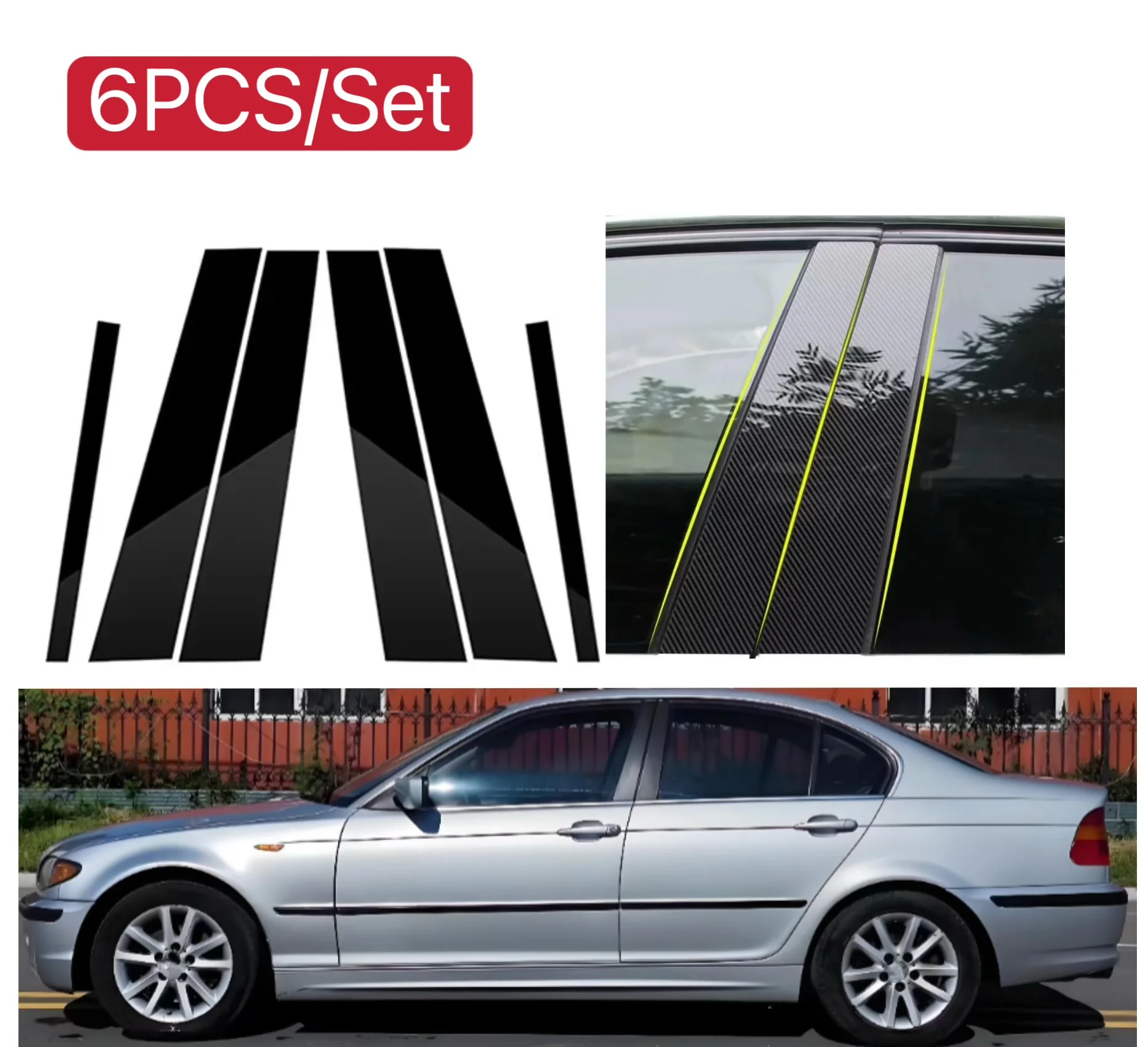 

6PCS Silver Carbon Gloss Black Pillar Posts Fit For BMW E46 4-door sedan1998-2005 Window Decor Door Side Mouliding Trim Cover