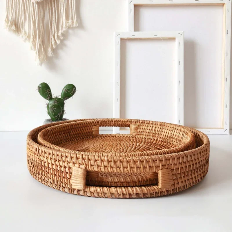 Eco Firendly Rattan Storage Tray Handwoven Wicker Basket Bread Snack Food Plate Fruit Cake Platter Dinner Serving Tray Tea Tray