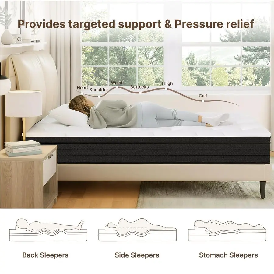 Materasso di dimensioni, materasso ibrido a molle insacchettate da 12 pollici a 5 zone con memory foam in gel per alleviare la pressione Amp Peaceful Sleep, F medio