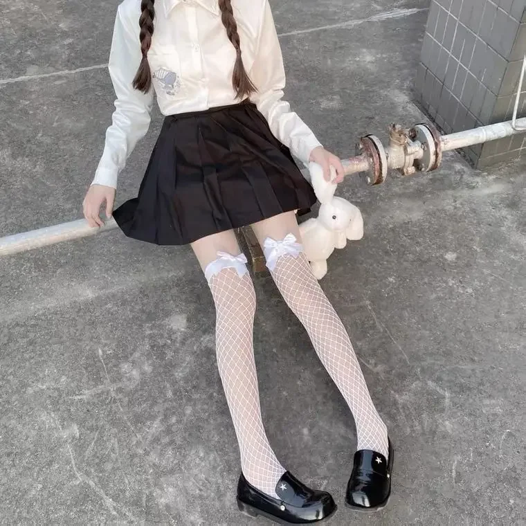 Calze a rete con fiocco Sexy da donna calze alte sopra il ginocchio calze lunghe in Nylon calze Punk Anime Lolita dolce JK costumi per ragazze