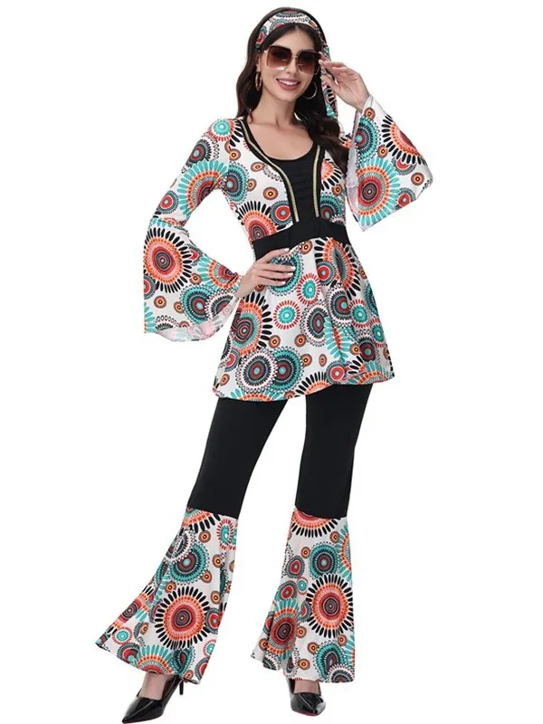 زي ديسكو للأزواج بطراز الهيبيين من السبعينيات، ملابس ريترو مطبوعة للهالوين، أزياء تقليدية من ألياف البوليستر للعروض المسرحية