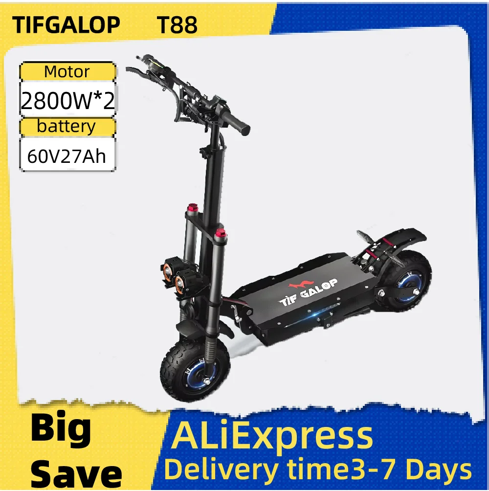 

TIFGALOP T88 2800W*2 Motor Adult Electric Scooter 60V27AH Battery City Escooter 11 Inch Fat Tire Foldable E-Scooter
