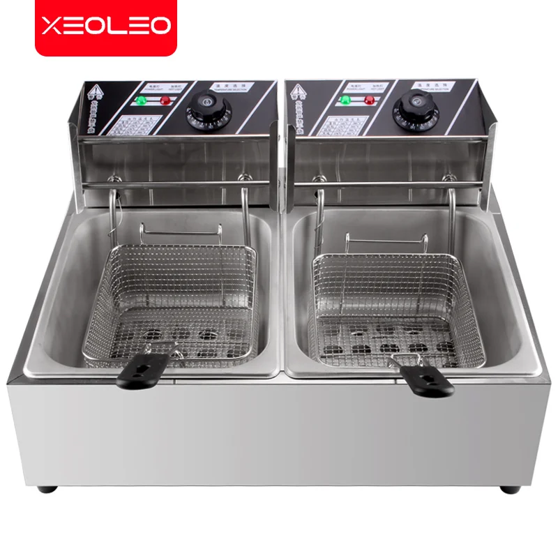 XEOLEO 6L+6L Deep Fryer Commercial Stainless Steel Electric Fryer French Chips Chicken Wings Fast-Heating Snack Machine Food