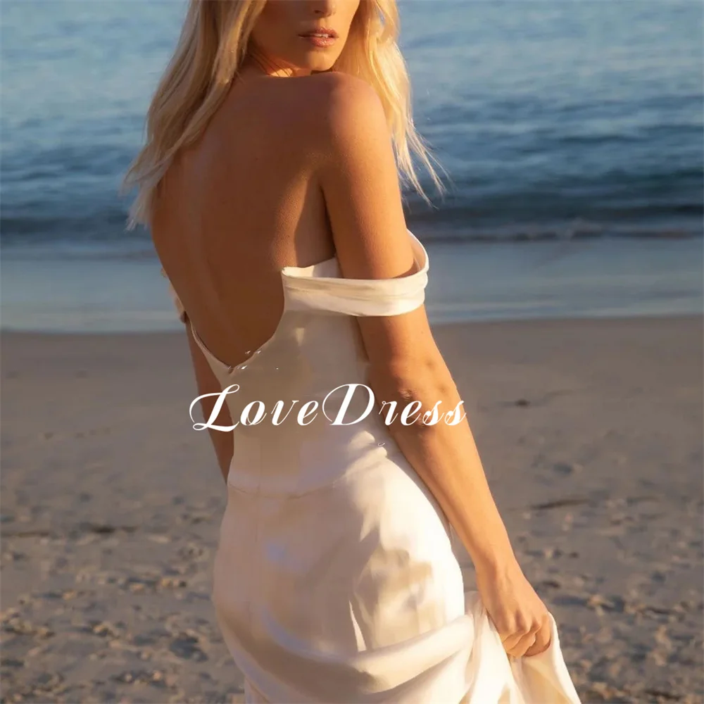 Love Beach Charming Off The Shoulder Soft Stain Wedding Dress Boat Neck High Side Slit Pleated Floor Length Backless Bridal Gown