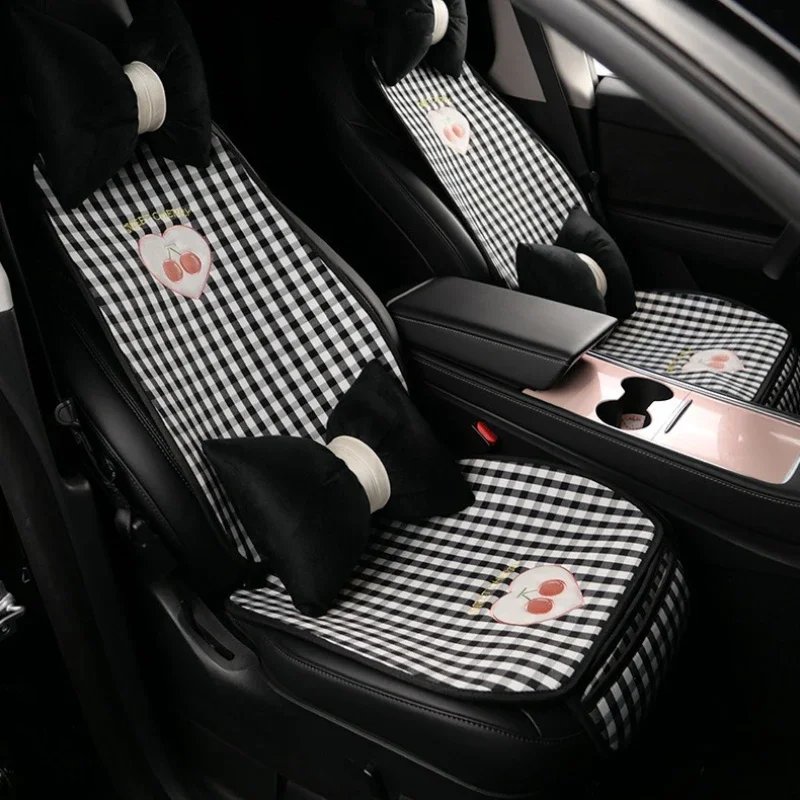 Universal Linen Car Seat Cushion Plaid Cherry Design Four Seasons Half Surround Breathable Summer Day Seat Cover 3