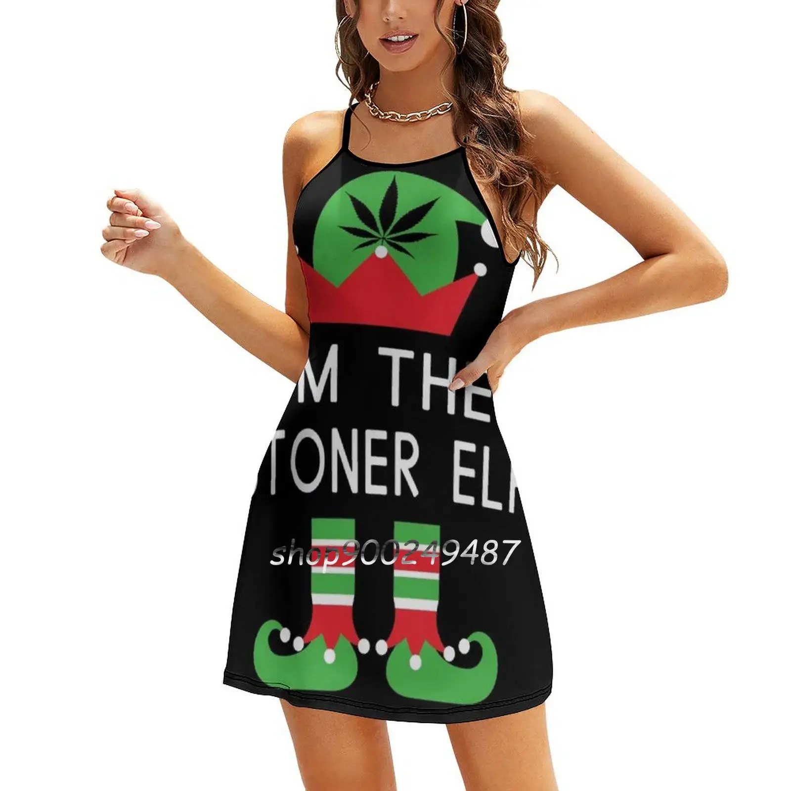 

I'M The Stoner Elf Pot Leaf Рождественское милое элегантное платье женское корейское кавайное платье с квадратным воротником Рождественское платье Weed Pot Leaf