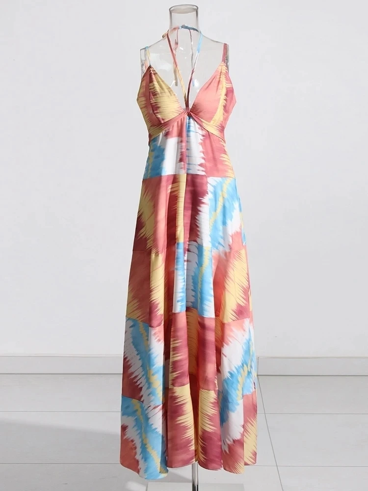 CHICEVER Hit Color estampado vestidos de mujer Halter sin mangas de cintura alta sin espalda empalmado encaje hasta vestido de fiesta Sexy moda femenina