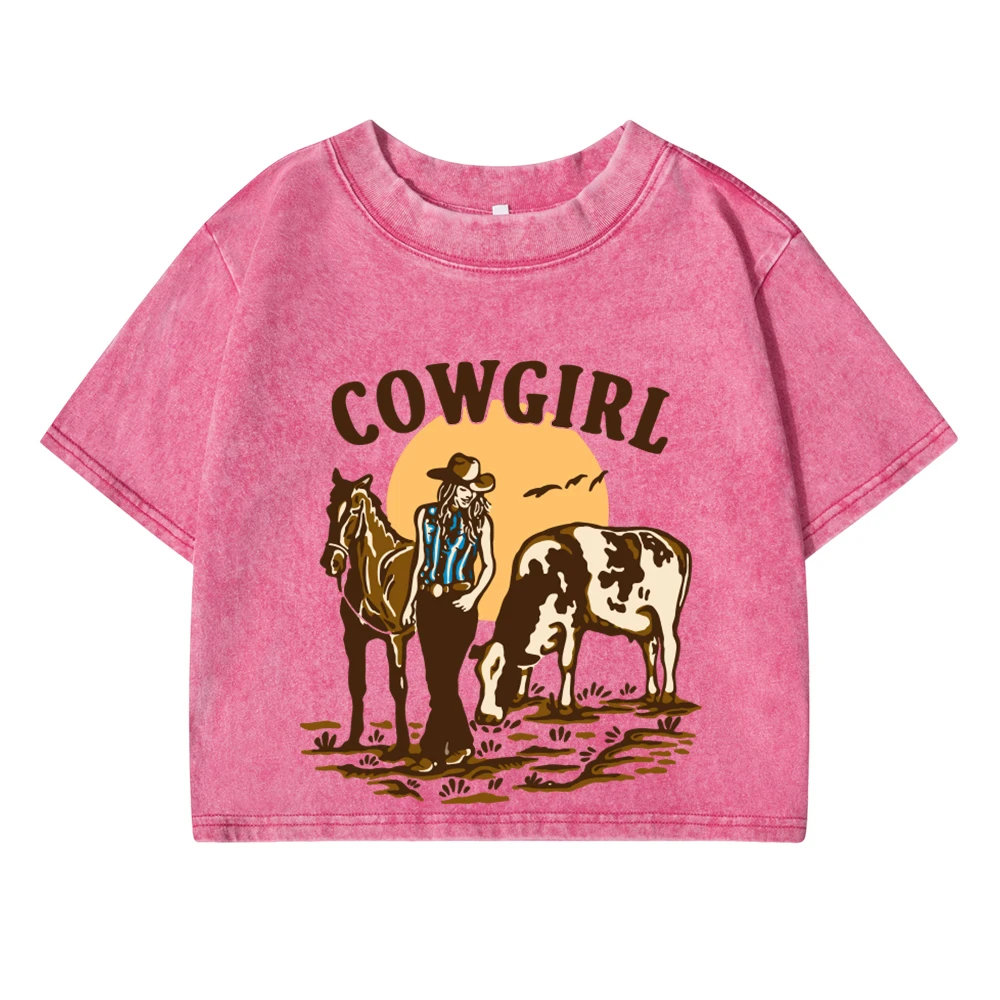 The Cowgirl And Her Cow And Horse Live In The West Printed Womans T-Shirts Loose O-Neck Soft Cotton Tops Casual Female Clothes