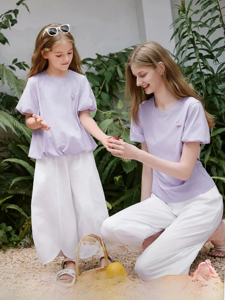 sweet-casual-cotton-bubble-sleeve-short-sleeve-t-shirt-mother-daughter-top-matching-summer-new-arrival-parent-child-outfit