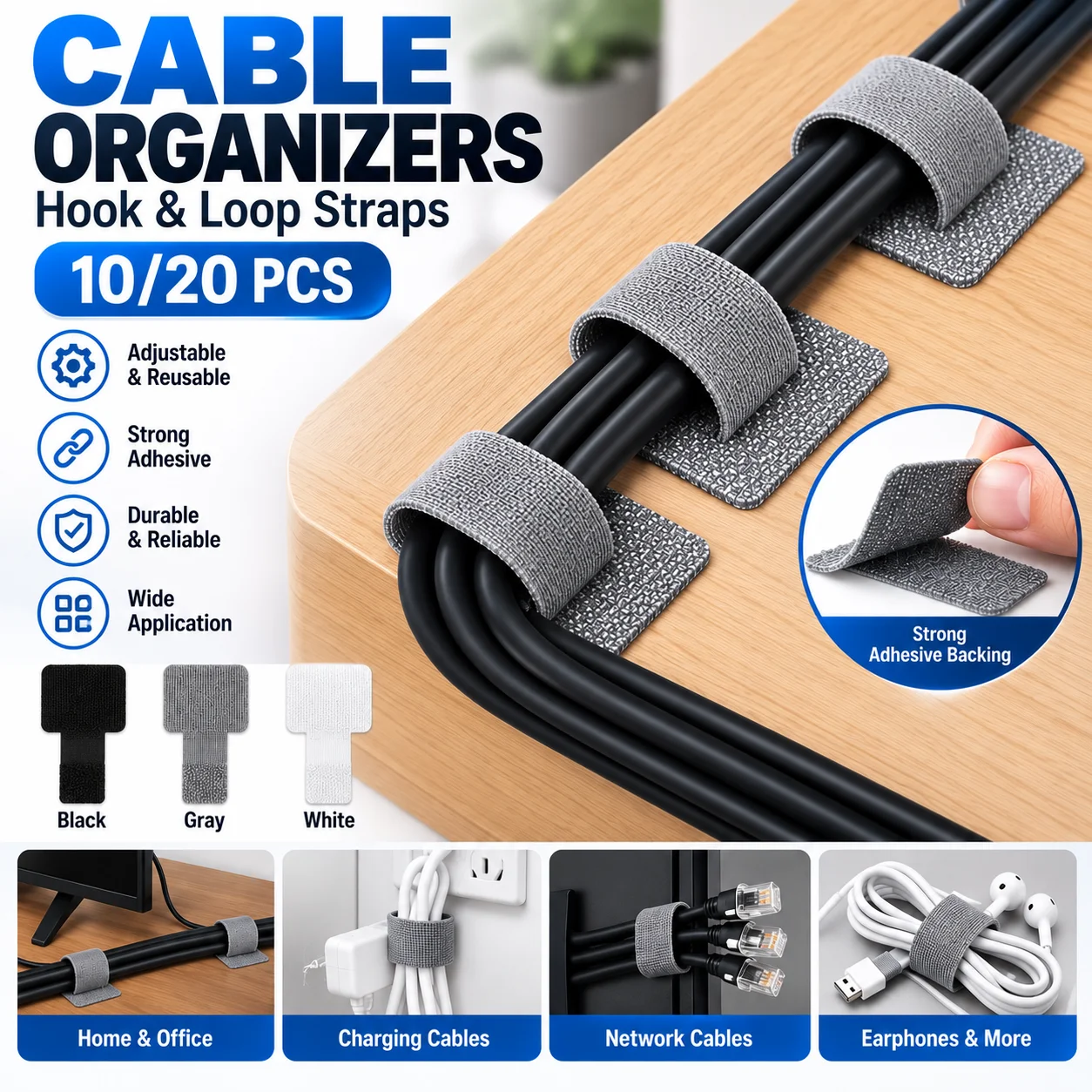 10/20PCS Self Adhesive Reusable Cable Ties Hook Loop Cord Organizer Straps for Desk USB Charging Wire Home Office Management Kit