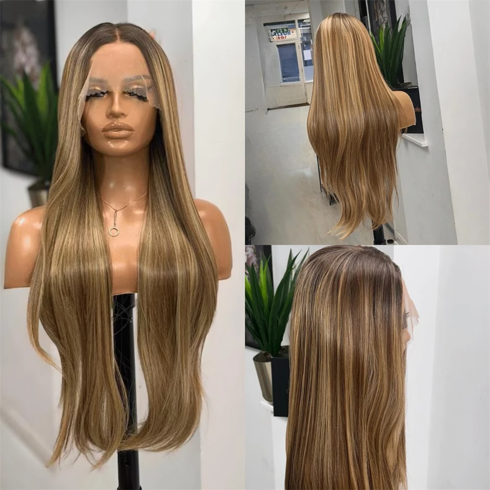 30 Inch Ombre Brown with Blonde Streaks Synthetic HD Lace Front Wig Heat Resistant Fiber Wig Glueless Realistic Natural Looking