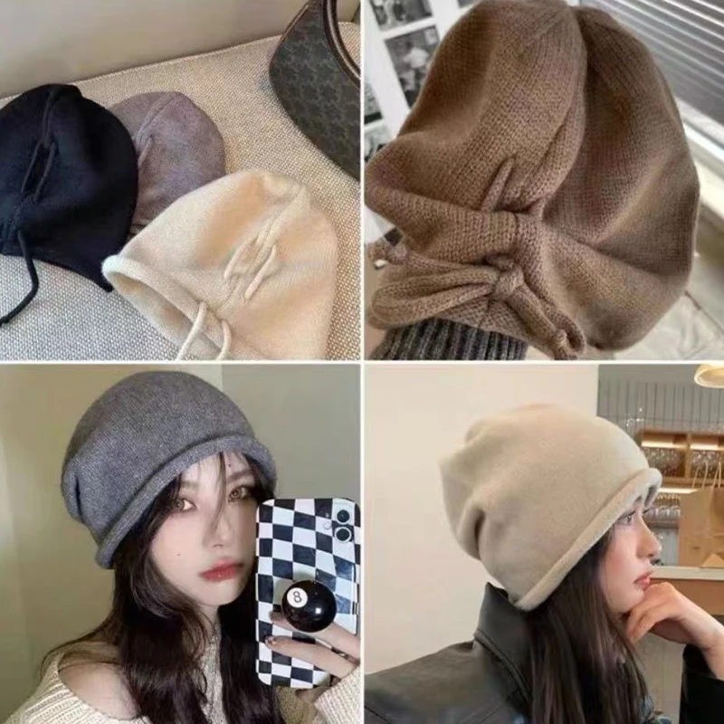 Gorro holgado de punto para hombre y mujer, gorro de lana Kpop con cordón, suave, a prueba de viento, para exteriores, invierno y primavera