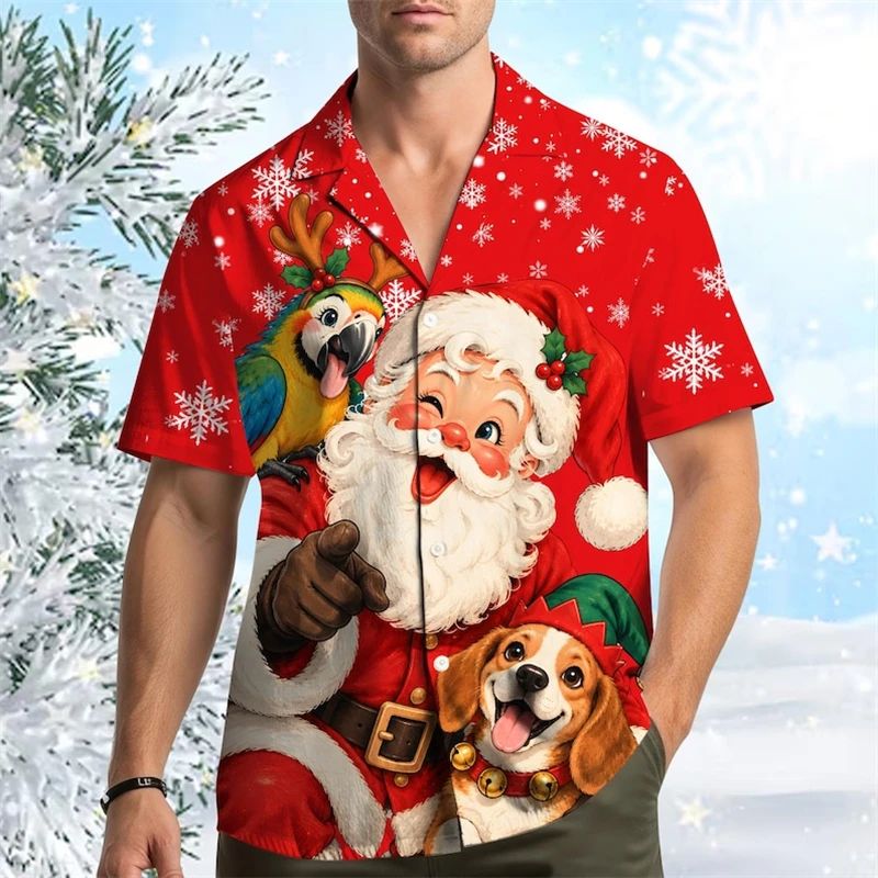 New Mens Christmas Hawaiian Shirt Santa Dog Parrot Aloha Shirt 3D Print Short Sleeve Button Up Beach Holiday Top Dropshipping