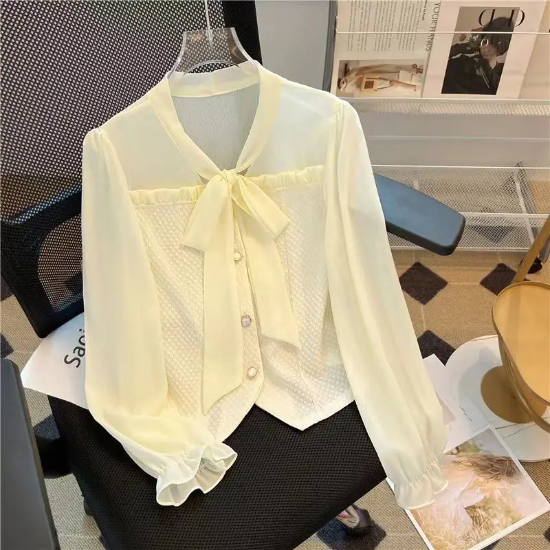 British Bow Long Sleeved Chiffon Shirt 2024 Spring and Autumn New Sweet Short Spliced Shirt Top Blouses Korean Style Clothes