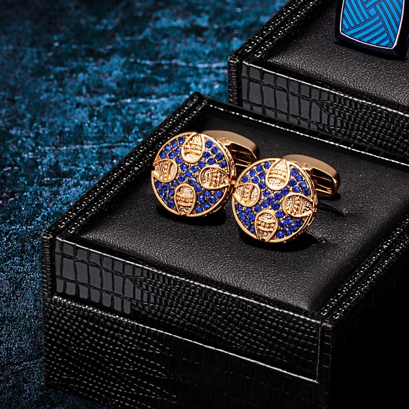 KFLK Cuff Links For Men Retro Round Blue Crystal Cufflinks Shirt Cross Button High Quality Brand Luxury Wedding Guests