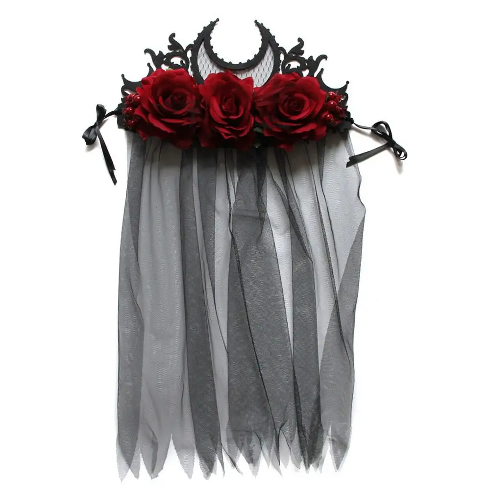 

New Lace Thorns Rose Crown Black Veil Halloween Bride Headwear Hair Styling Accessory Gothic Hair Clip Halloween