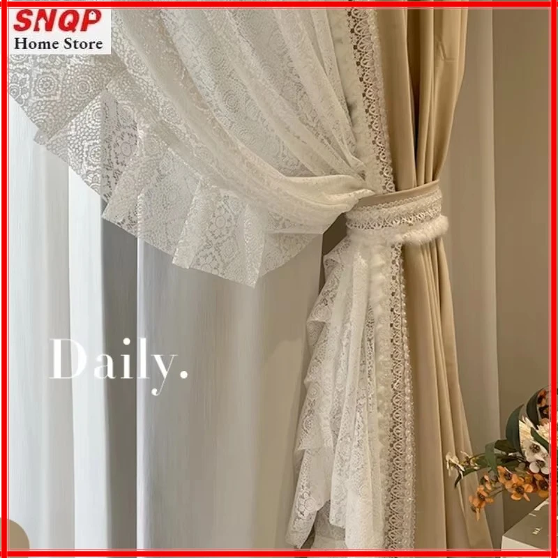

French Plush Lace Brown Luxury Velvet Curtains for Living Room Bedroom Dining Blackout White Tulle Thicken Elegant Window Custom