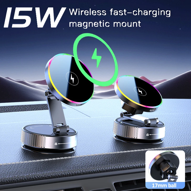 

Магнитное беспроводное зарядное устройство RGB и шарик для удаления 17 мм, кронштейн для вакуумной присоски для Magsafe iPhone 17 16 15 Pro, крепление для быстрой зарядки