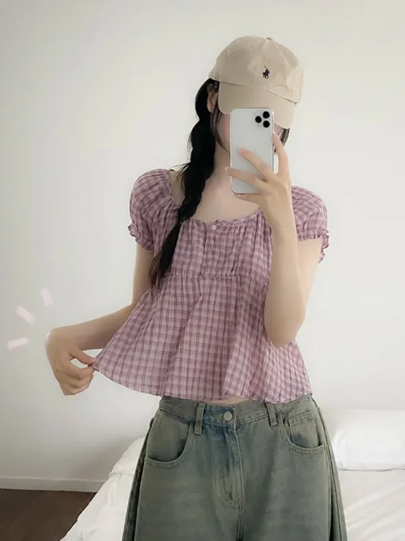 Fre Sle Bubble Sve irt Chic New Women's ort Design Doll Top round Ne Casual Summer Faion Small Size Friendly