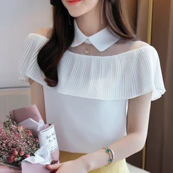 Blouse Vrouwen Blusas Mujer De Moda 2024 Vrouwen Blouses Ruches Chiffon Blouse Shirt Korte Mouw Witte Blouse Vrouwen Shirts D319