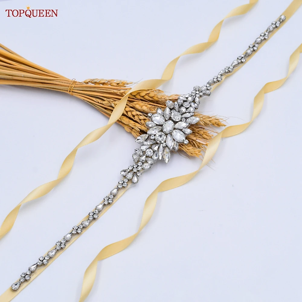 TOPQUEEN S352เงินเข็มขัด Rhinestone สำหรับงานแต่งงานผู้หญิงริบบิ้นลูกปัด Sash Party พรหมตกแต่ง Girdles