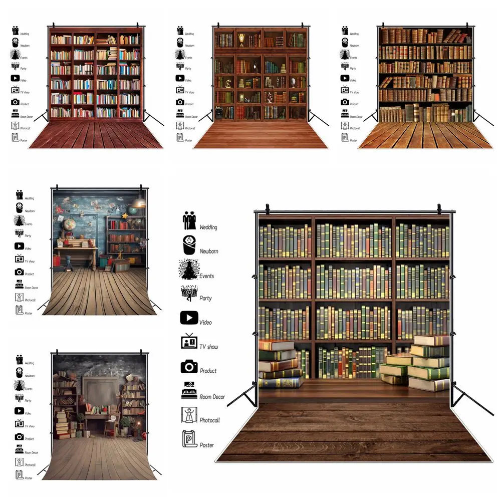 

Retro Bookshelf Photography Backdrop Vintage Wood Library Bookcase Books Children Back to School Party Photo Background Decor