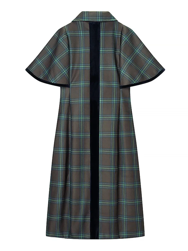 HH Chaqueta de lana a cuadros con doble botonadura y solapa versátil Retro a la moda para mujer, abrigo largo informal estilo capa con temperamento para mujer