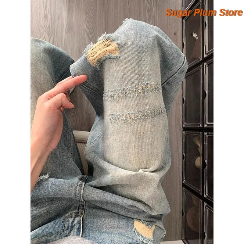 American Retro Lazy Loose Wide-leg Jeans Female Autumn New Hole Comfortable and Casual Joker Slim Trend Commuter Straight Pants.