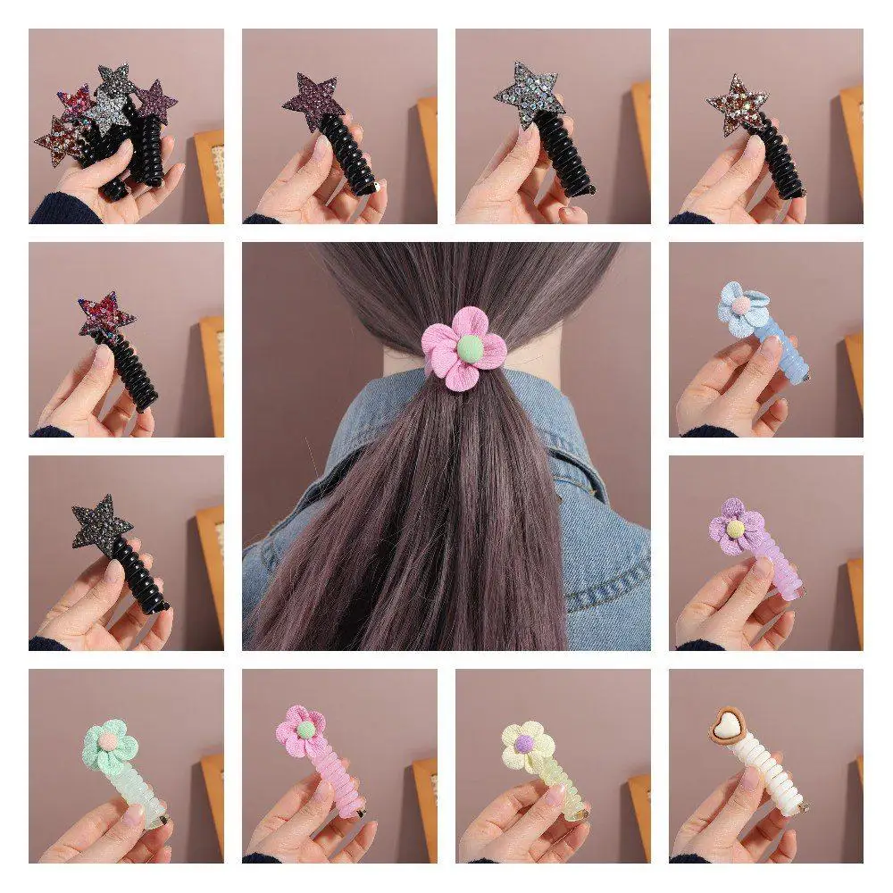 Crystal Telephone Line Hair Rope Heart Pentagram Rhinestone Star Hair Bands Plastic Rubber Band Flower Ponytail Holder Wedding