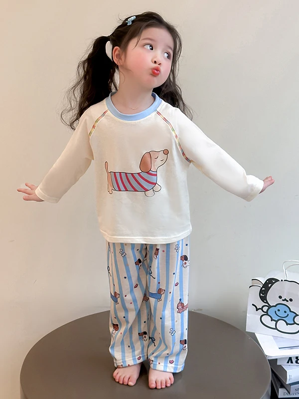 

Весенне-осенний детский комплект одежды Long Sve, домашняя одежда для девочек, детский костюм с кондиционером, комплект из двух предметов из смеси хлопка и шелка