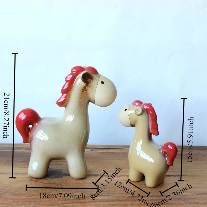 2 Pcs Set Kiln Transmutation Ceramic Equine Sculpture Mother Foal Figurine Set Living Room Hotel Decor Handmade Horse Figurines