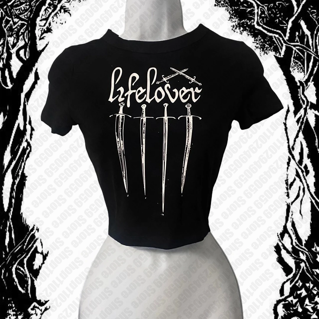 تي شيرت نسائي عتيق بأكمام قصيرة Harajuku تي شيرت جرافيك على الطراز القوطي الشرير Y2k ملابس Emo للفتيات ملابس الشارع الشهير 2000s قطع علوية قصيرة #1