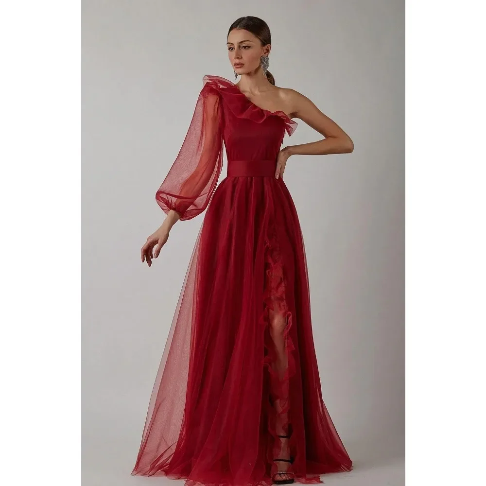 Wakuta-Um ombro mangas compridas Tulle Prom Dresses, elegante vestido de baile, princesa A Line Ruffle Hem, vestido de noiva